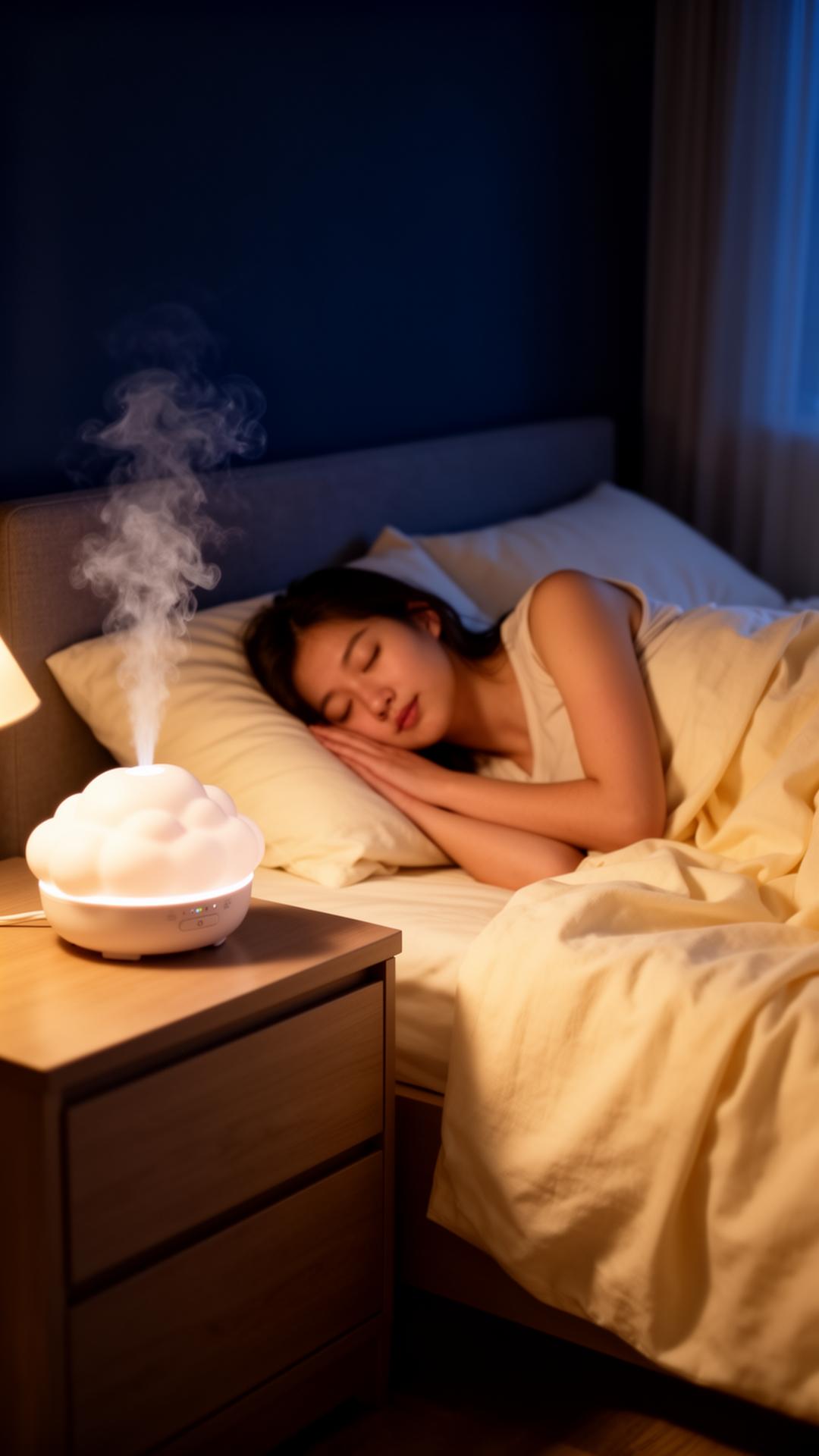 Ceramic humidifier diffusing mist on a moonlit bedside table
